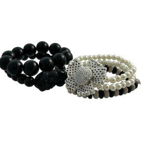 Lot 4 Stretch Beaded Bracelets Black White Faux Pearl Bow Charm Foo Dog Asian